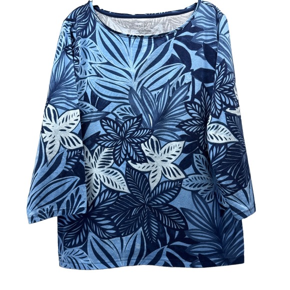 Talbots Tops - Talbots Women's Top XL Blue Floral Art 3/4 Sleeve Stretch Pullover Cotton Blend